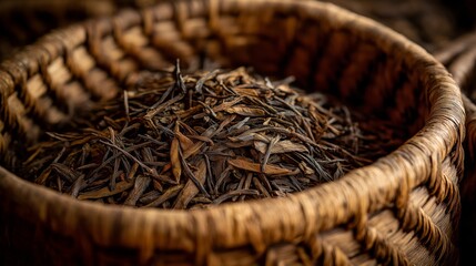 Detail shot of a woven basket overflowing with freshly harvested tea leaves showcasing warm earth tones and a clean, natural aesthetic typical of tea cultivation in rural environments