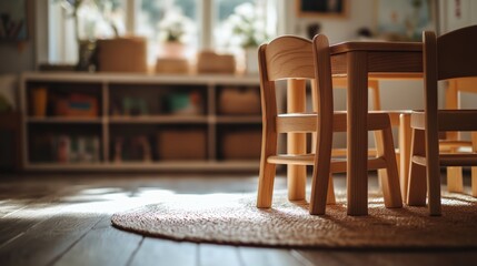 Child-sized chairs neatly arranged under a wooden activity table illuminated by soft natural light in a cozy playroom setting