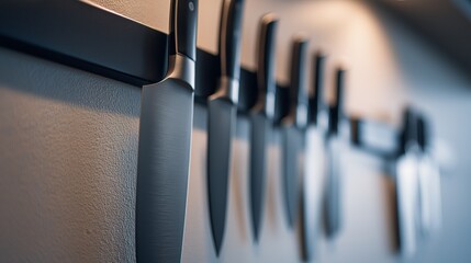 Discovering the elegance of a magnetic knife strip showcasing matte black knives against a smooth wall texture in a well-lit kitchen environment