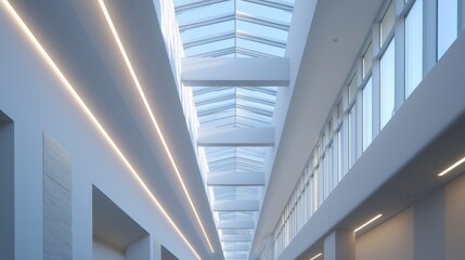 Detailed view of architectural ceiling lines showcasing skylights and LED path lighting in a modern, airy environment