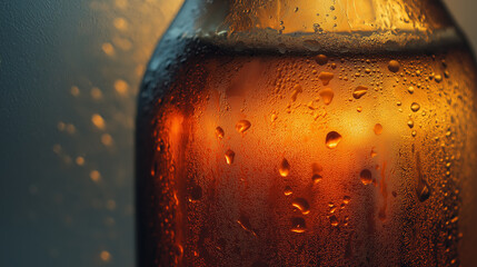 Condensation reveals texture and warmth on a cold brew bottle chilling in the refrigerator, captured with soft light and macro focus for stunning detail