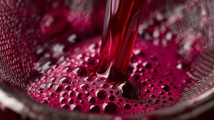 Fresh beetroot juice drips from a filter screen into a glass bowl showcasing vibrant magenta hues in a macro close-up shot