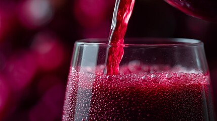 Fresh beetroot juice flows into a clear glass from a slow juicer spout, showcasing rich colors and crisp reflections captured with macro detail