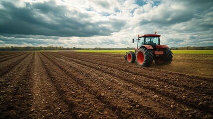 Obraz premium Sowing tilling fields using tractor, soil being broken and seeds planted, early stage agriculture visible, rural farm preparation for future crop yield under cloudy sky