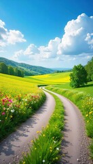 Naklejka premium Serene Spring Landscape Winding Country Road, Vibrant Wildflowers, Lush Green Fields under a Bright Blue Sky. Perfect for travel, nature, and springtime themes.