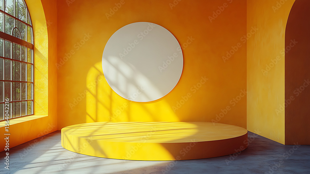 Poster Sunlit yellow minimalist room with circular platform and window for product display or art presentation