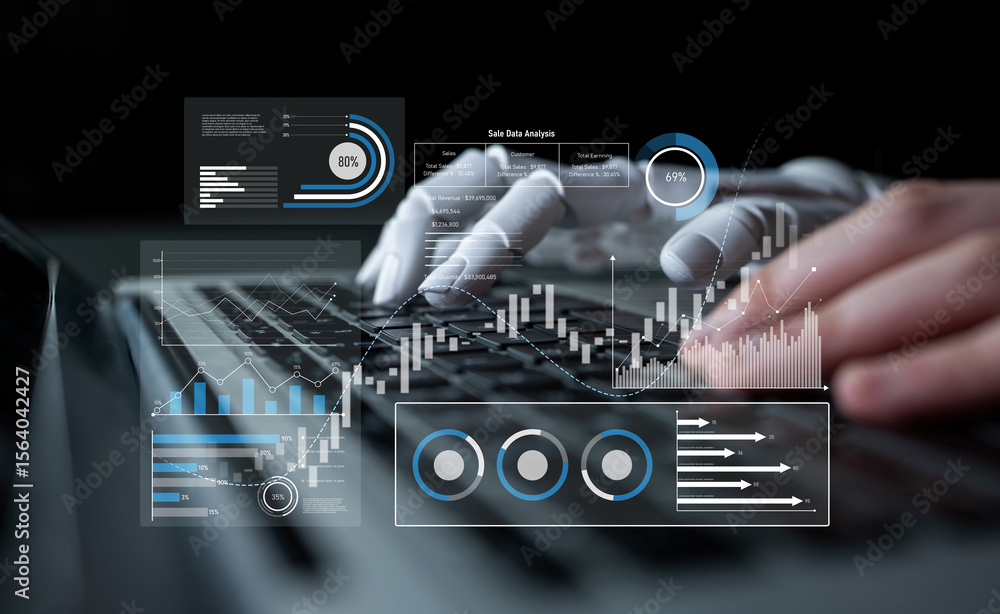 Poster ai analyzing sales data dashboard, visualizing performance metrics, detecting trends, and generating
