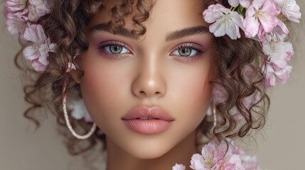 Naklejka premium A serene portrait of a woman adorned with flowers in her hair. AI-generated.