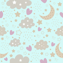 Cute Night Sky Seamless Pattern &ndash; Blue Background