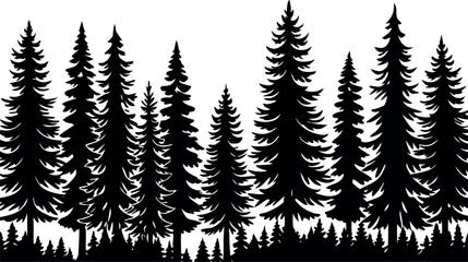 Obraz premium Vector art of a dense row of evergreen pine trees creates a dark silhouette isolated on white background