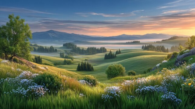 Serene landscape with rolling hills and a colorful sunset. AI-generated.