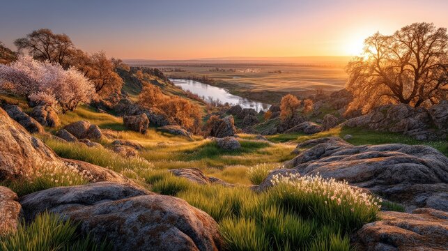 Serene landscape with rocky terrain and a vibrant sunset. AI-generated.