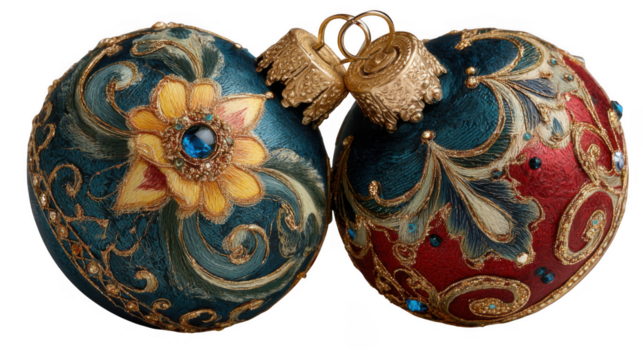 Two ornate christmas baubles with intricate gold detailing and gemstones isolated on transparent background