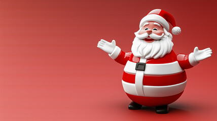 A cheerful Santa Claus in 3D style stands with his hands raised on a bright red background.