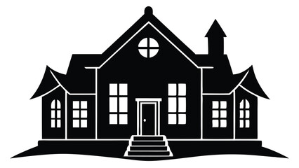 Elegant Black Silhouette of a Large House, Residential Building Illustration