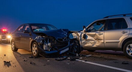 Front and side collision of two damaged cars on a road with police light visible. Accident scene at night illustrating road safety concept.