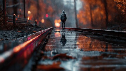 A person walking on the train tracks in heavy rain, during the autumn season, with a dark color tone, in a photo-realistic style, with cinematic lighting and shadows, rendered using Octane.