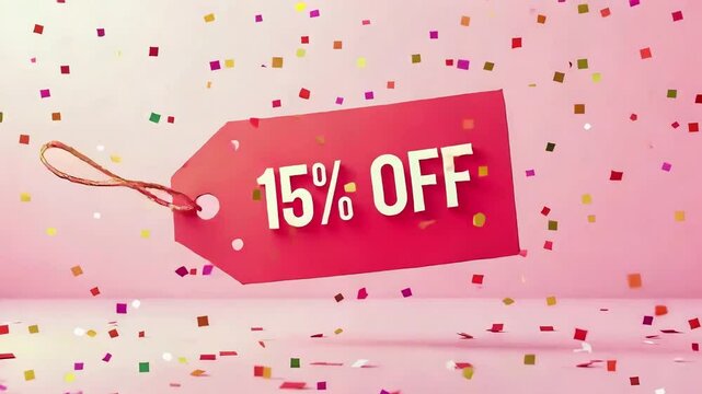 Confetti Tag 15% OFF Animation | Celebration Sale Visual for Events, Small Business Promos, or Seasonal Offers