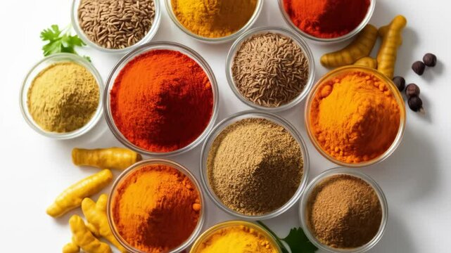 Overhead shot of colorful spices including turmeric, chili, and cumin in glass bowls on white surface.