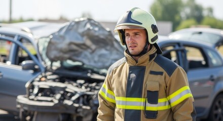 A young caucasian man firefighter stands calmly at the scene of a car accident, a concept for emergency and safety.