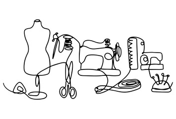 The concept of a sewing hobby drawn in line art style with one continuous line.