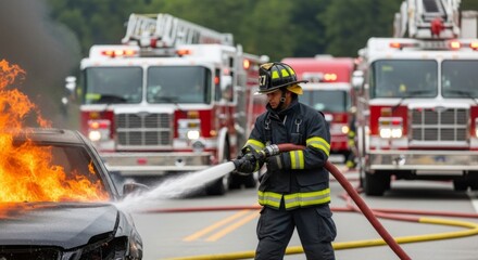 A male firefighter extinguishes a car fire with a hose in a car accident scene with fire trucks in the background. Emergency response.
