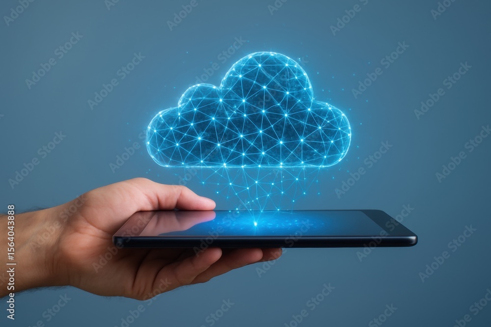 Poster cloud technology integration: an artistic display of cloud computing, symbolized by a digital cloud 