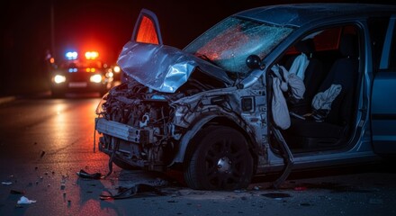 Crashed car at night with police lights in background, dramatic scene of vehicular accident and traffic incident.