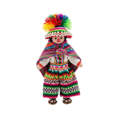Colorful peruvian doll in traditional attire with pom-pom hat
