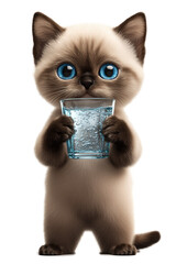 Cute cartoon kitten holding glass of sparkling water isolated