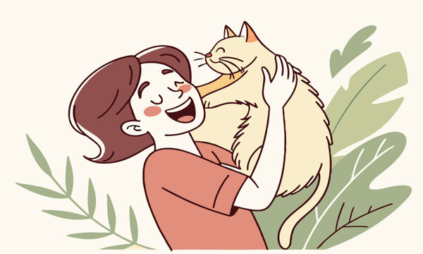 Naklejki Vector cartoon illustration of a young couple kissing with a fun animal silhouette, surrounded by flowers, drawn in a playful art style.