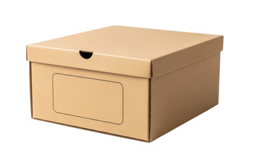 Brown cardboard storage box with lid and label slot on transparent background