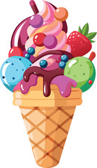 Colorful ice cream cone with berries and strawberry vector icon