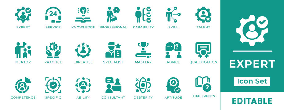 Expert icon set with professional skills, guidance, consultancy, knowledge sharing, problem-solving, leadership, and strategic support symbols for business and corporate projects.