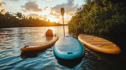 Stand-up paddleboards styled on beaches, docks, or in water with paddles, leashes, and bags for visuals focused on water sports, fitness, and eco-friendly outdoor hobbies