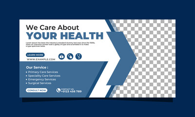 Blue and white health care modern banner template