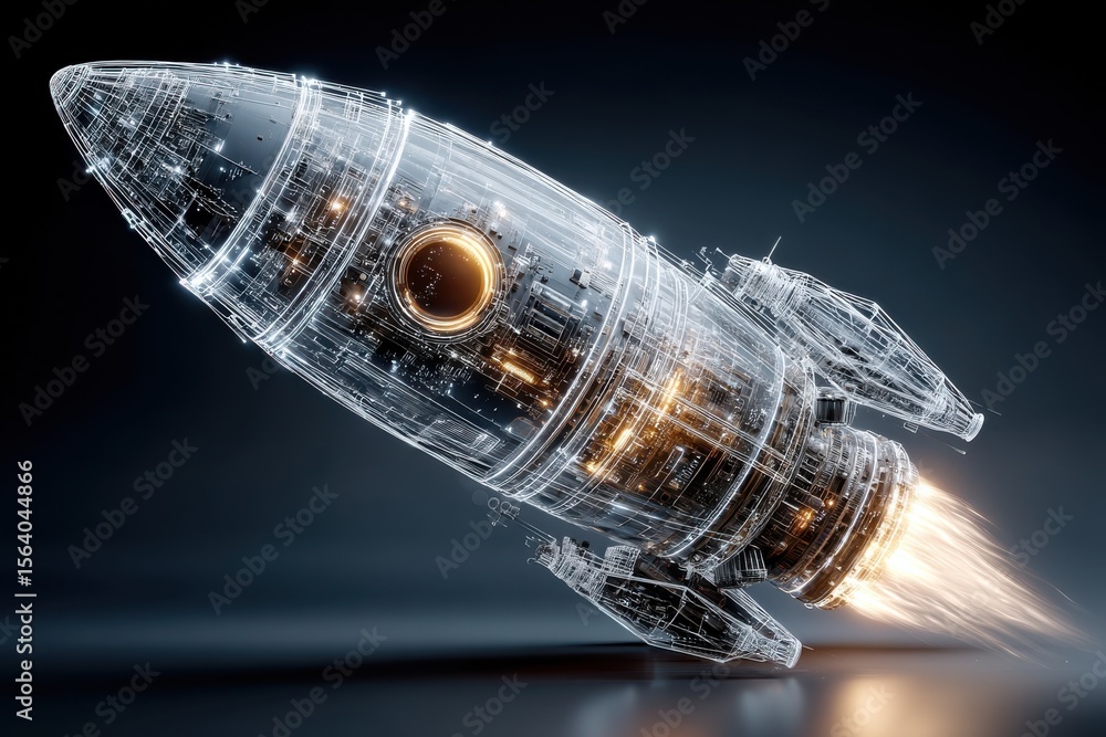 Poster futuristic rocket in detailed digital blueprint style with glowing engine elements
