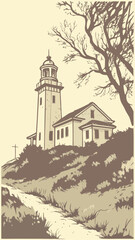 Obraz premium Vintage lighthouse on a hill illustrated in brown and cream tones