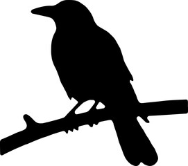 Crow on Branch Silhouette Vector Black Bird Clipart on White Background