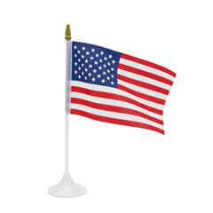 Fototapeta premium Small vibrant american flag on white table stand on transparent background