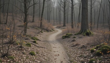  A realistic scene of a dirt hiking trail winding through a quiet forest, covered with dry leaves and lined with wild bushes and old tree trunks -