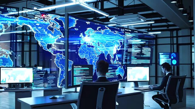 Professional cybersecurity team analyzing global digital threats, monitoring interactive world map displaying network attacks spanning North American and European regions
