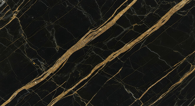 Black marble with striking gold veining and polished finish, luxurious and bold choice for upscale interiors, countertops, and statement surfaces.


