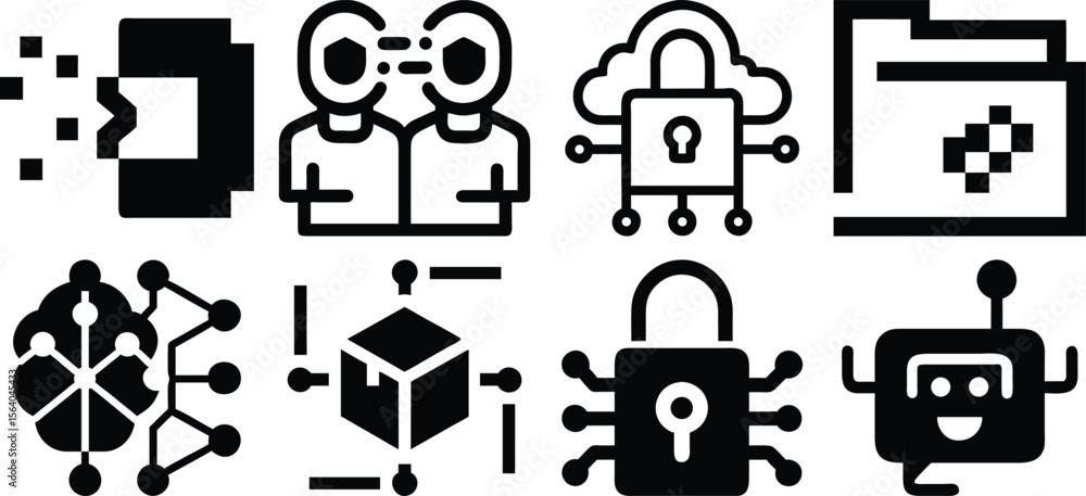 Poster a set of cybersecurity and artificial intelligence icons representing modern technology, isolated on