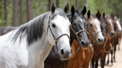 Fototapeta premium Horses standing in a row outdoors in a natural setting