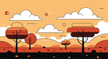 Vibrant Autumn Landscape with Stylized Trees and Cloudy Sky