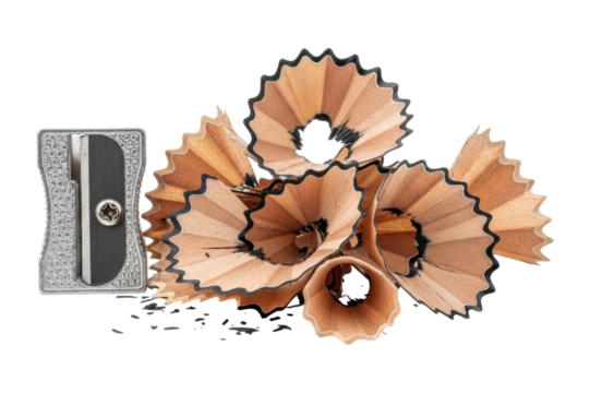 Metal pencil sharpener with wooden shavings on transparent background