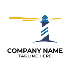 Lighthouse Beacon Vector Logo Emblem with Tower Stripes and Guiding Light Rays for Business and Nautical Theme