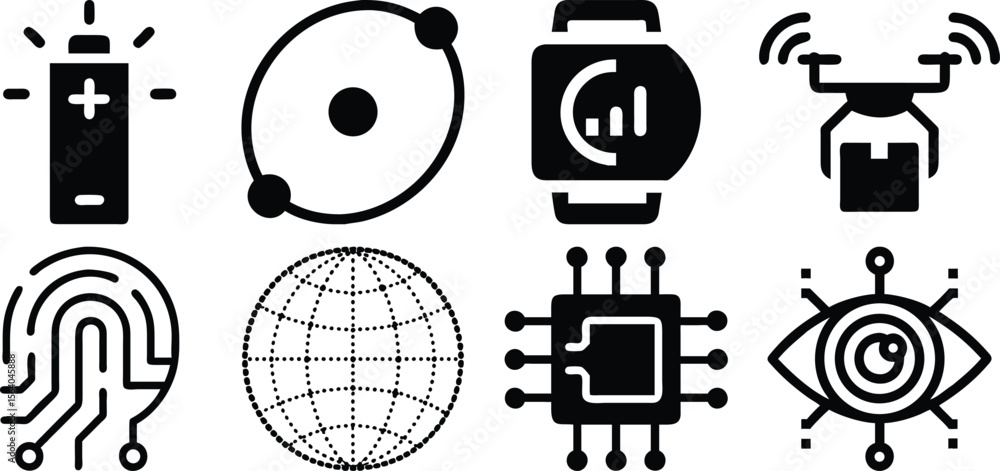 Poster collection of technology icons representing artificial intelligence, isolated on transparent backgro
