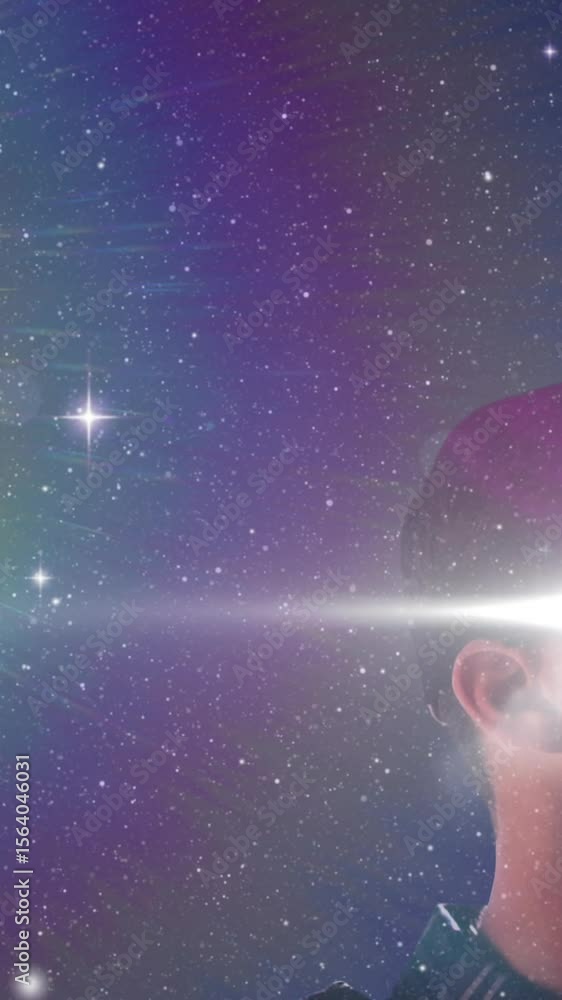 Poster vr headset man animation showcases global networking in a starry universe.